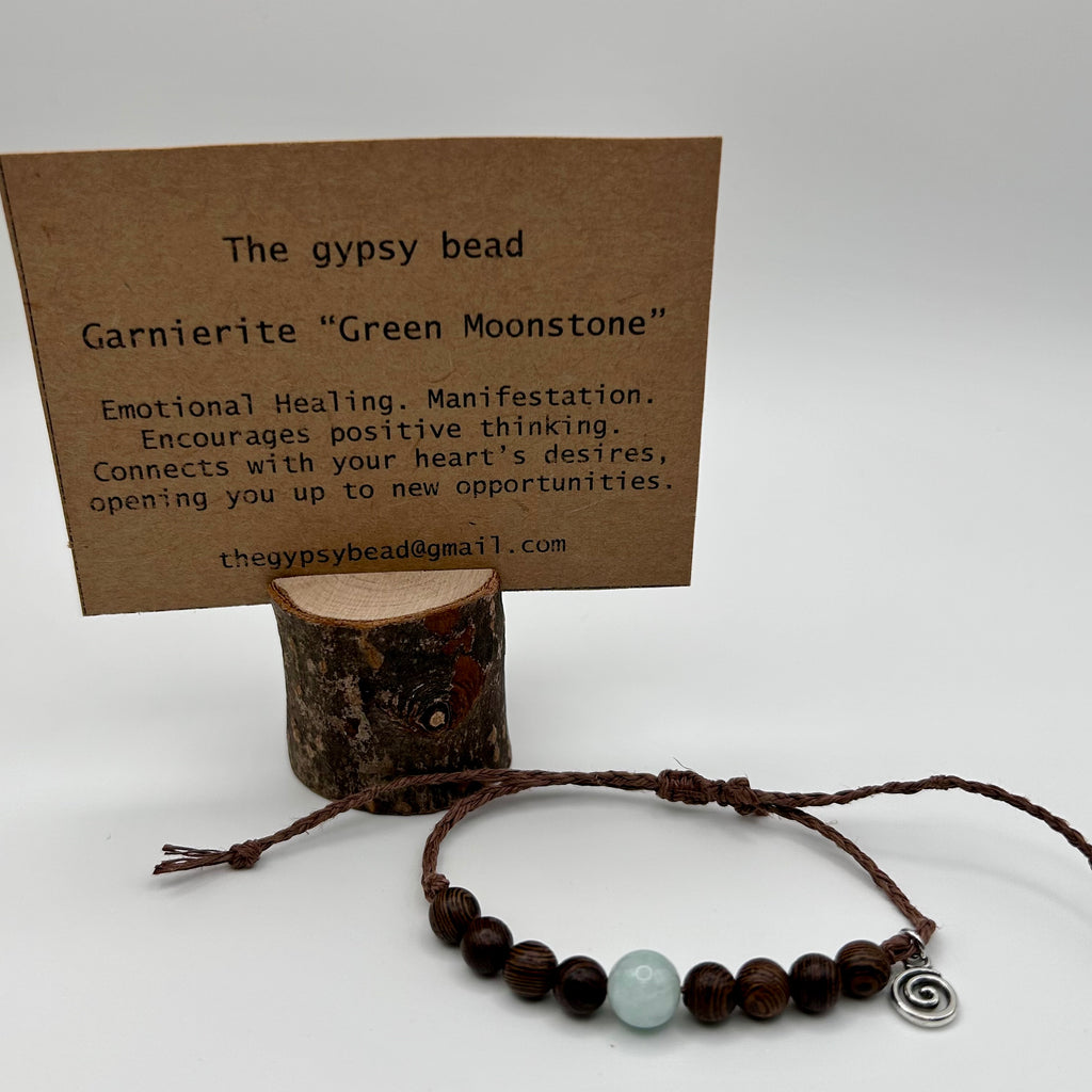 Green Moonstone & Wood Bead Bracelet